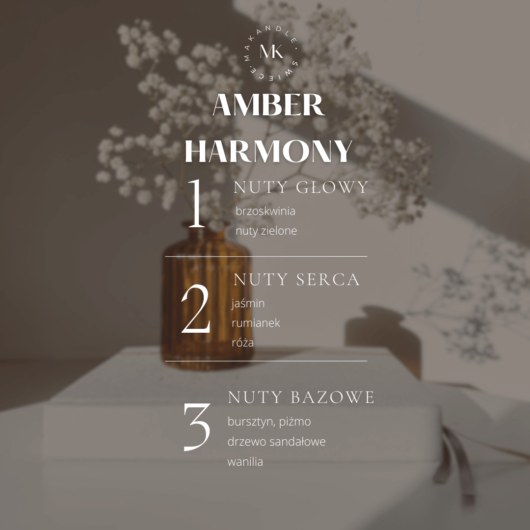 Świeca sojowa zalewana w szkle, zapachowa Amber Harmony, knot drewniany. nuty zap[achowe