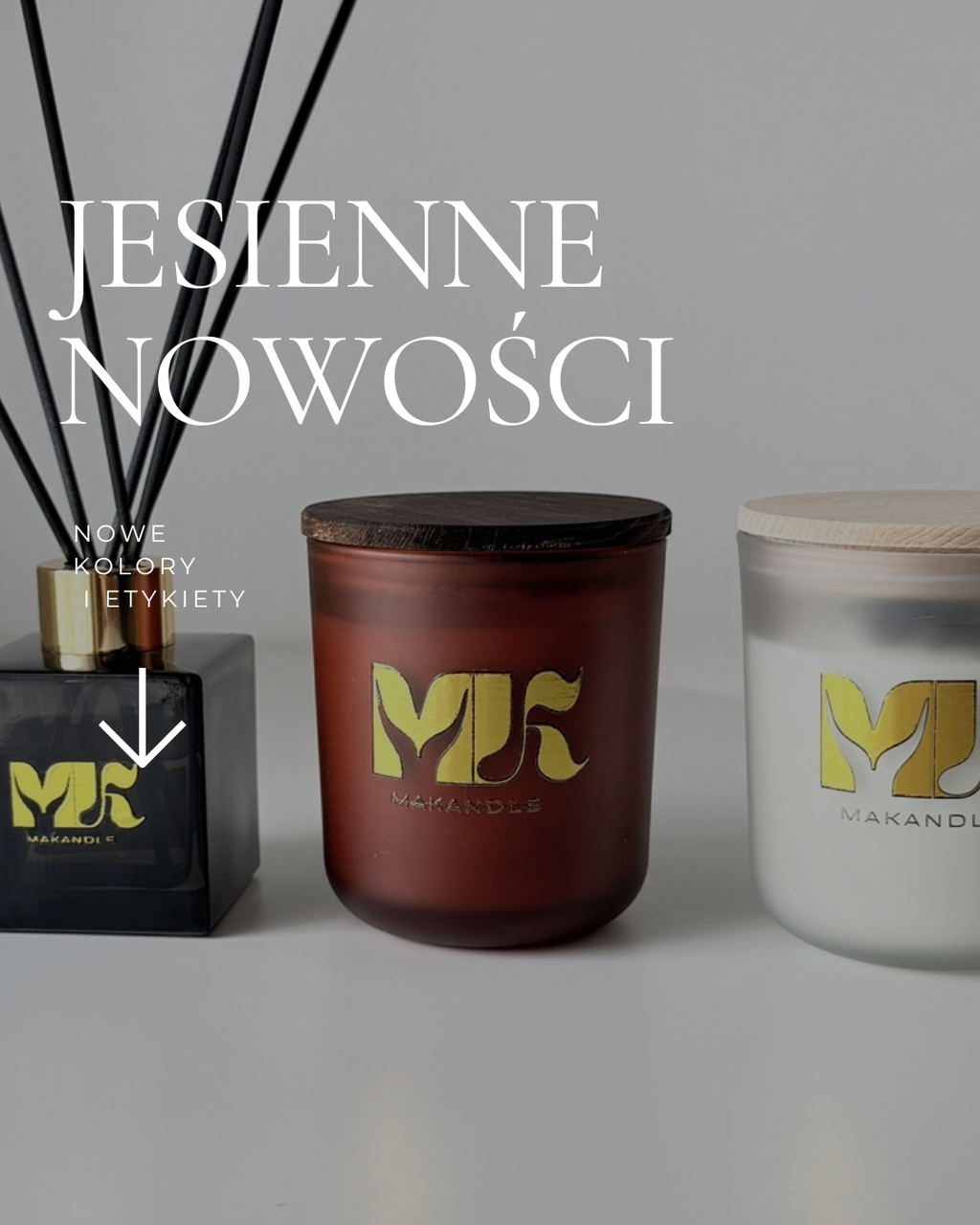 banner przedstawiający nowości jesienne, świece w szkle 260 ml i dyfuzory 100 ml z nowymi złotymi naklejkami