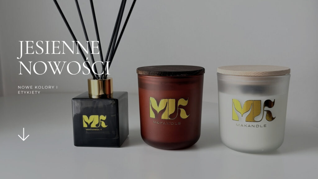 banner przedstawiający nowości jesienne, świece w szkle 260 ml i dyfuzory 100 ml z nowymi złotymi naklejkami